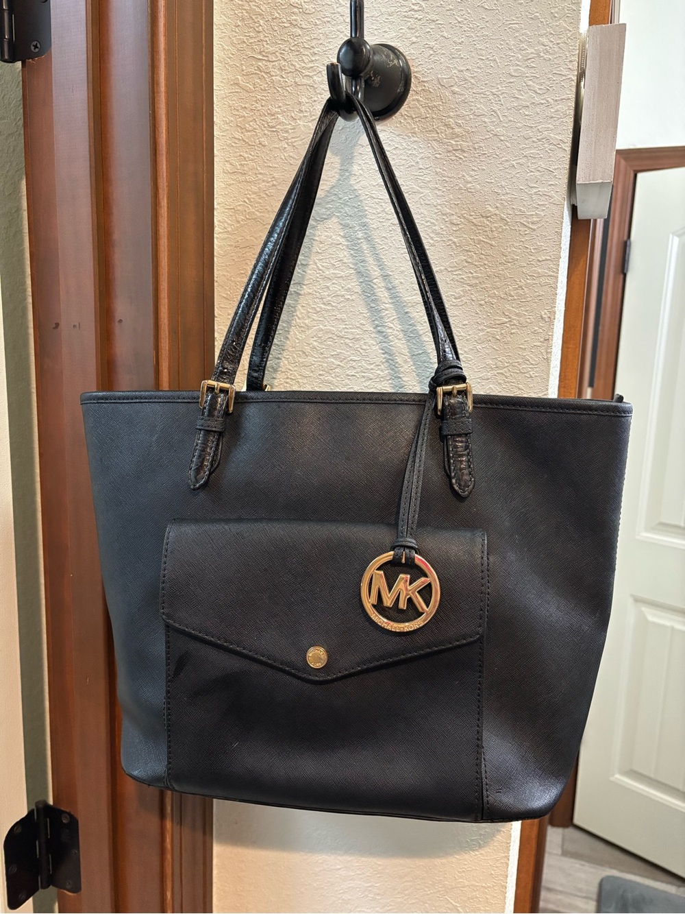 Michael Kors Black Leather Tote with Gold MK Charm